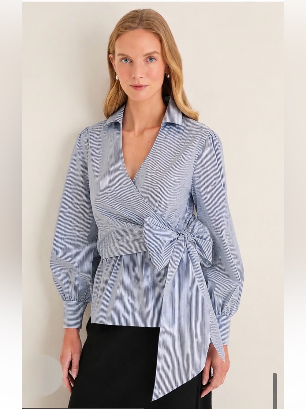 Tuckernuck Blue Pinstripe Wrap Top with Side Bow